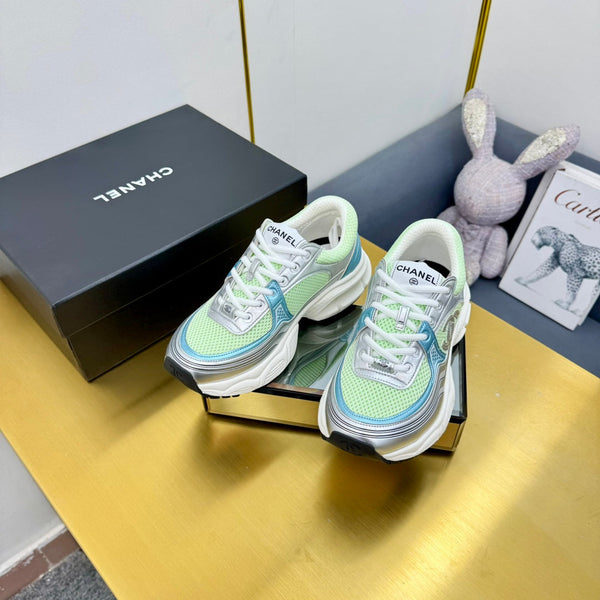 CC Logo Sneakers Sliver Green Calfskin Mesh Fabric 927339