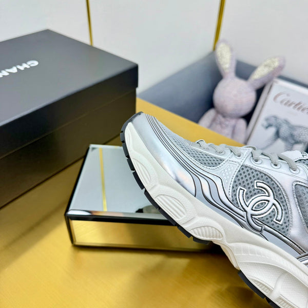 CC Logo Sneakers Sliver Calfskin Mesh Fabric 927339