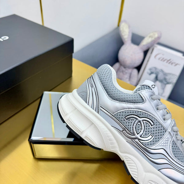 CC Logo Sneakers Sliver Calfskin Mesh Fabric 927339