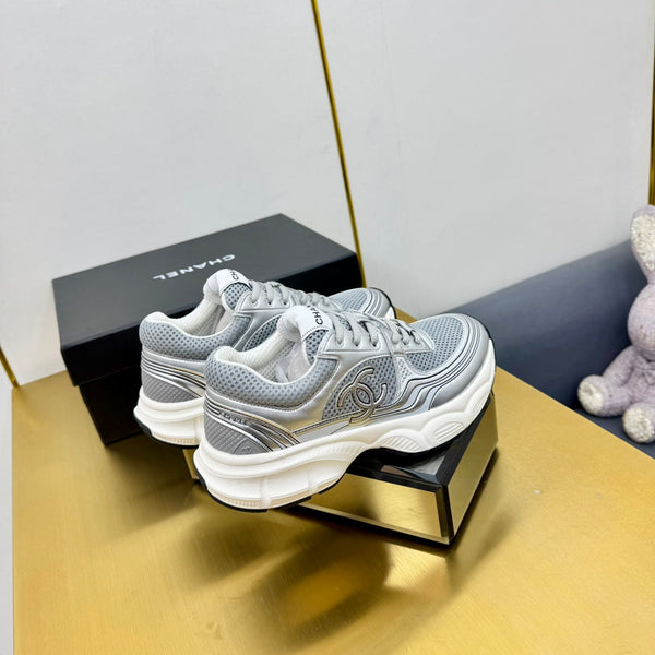 CC Logo Sneakers Sliver Calfskin Mesh Fabric 927339