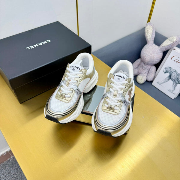 CC Logo Sneakers White Gold Calfskin Mesh Fabric 927341