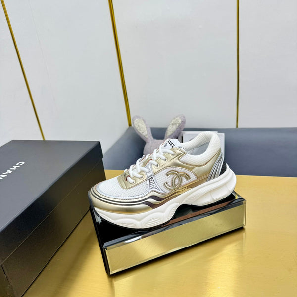 CC Logo Sneakers White Gold Calfskin Mesh Fabric 927341
