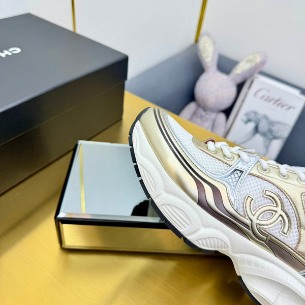 CC Logo Sneakers White Gold Calfskin Mesh Fabric 927341