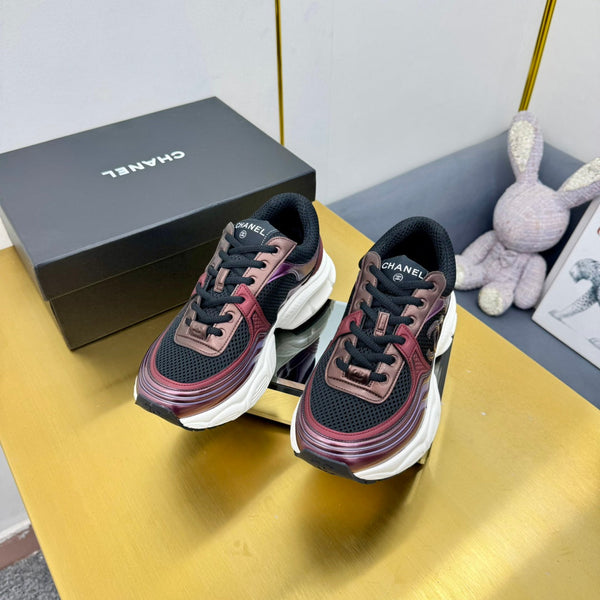 CC Logo Sneakers Black Burgundy Calfskin Mesh Fabric 927342