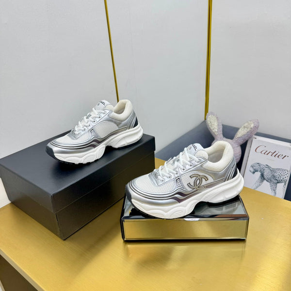 CC Logo Sneakers Sliver Calfskin Mesh Fabric 927343