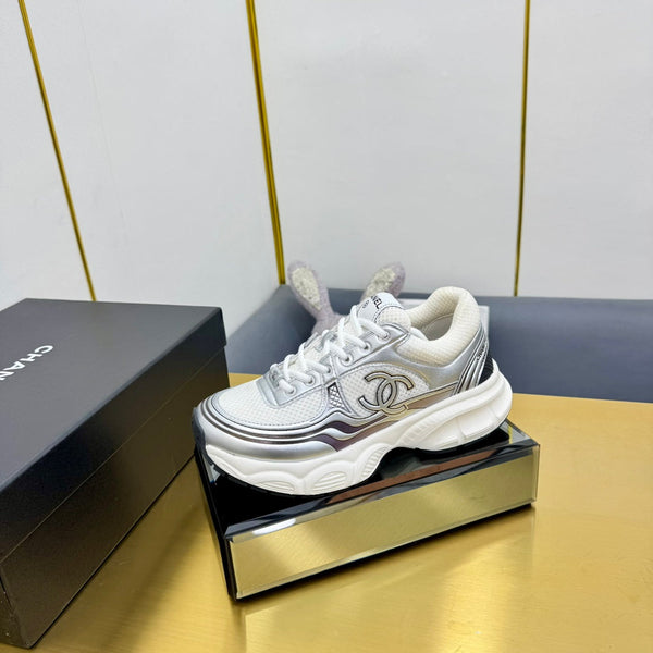 CC Logo Sneakers Sliver Calfskin Mesh Fabric 927343