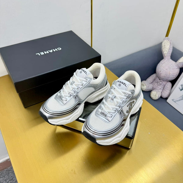 CC Logo Sneakers Sliver Calfskin Mesh Fabric 927343