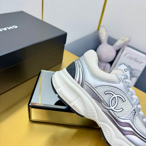 CC Logo Sneakers Sliver Calfskin Mesh Fabric 927343
