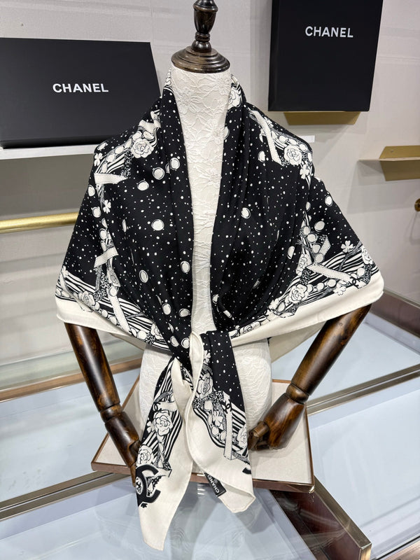CC 26s Shawl 140x140cm Black White Cashmere Silk 212967