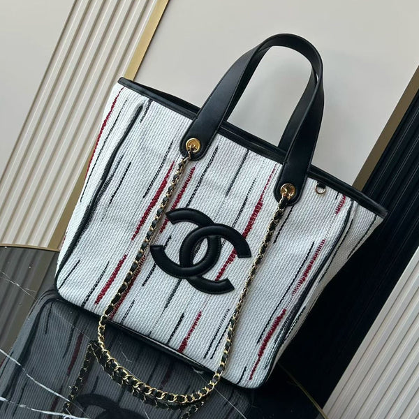 Chanel 2026 Double C Tote Bag 36cm Black White Canvas Leather