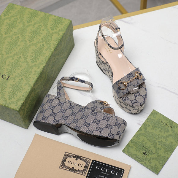GG Horsebit Wedges Sandals Light Grey