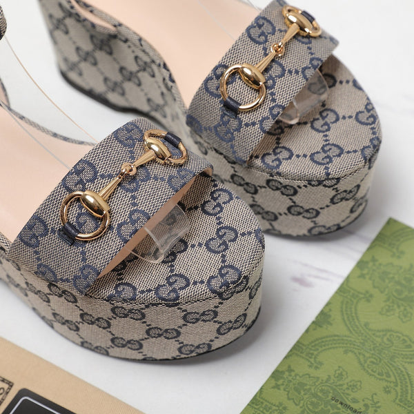 GG Horsebit Wedges Sandals Light Grey