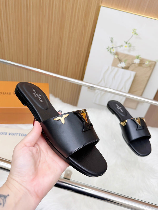 LV Mare Flat Mule Black Sheepskin