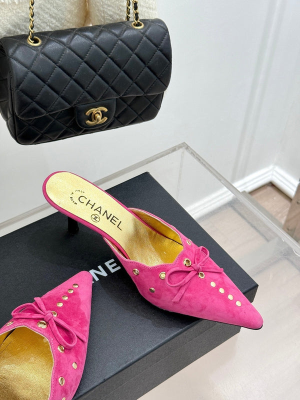 CC 25C Bowknot Pointed High Heel Half Slippers 60mm Pink Suede 265656