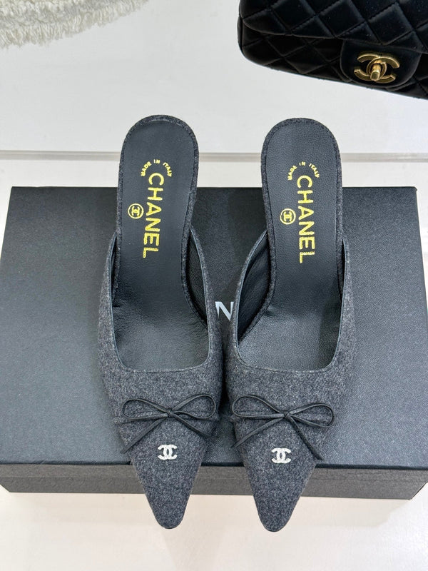 CC 25C Bowknot Pointed High Heel Half Slippers 60mm Black Linen 265662