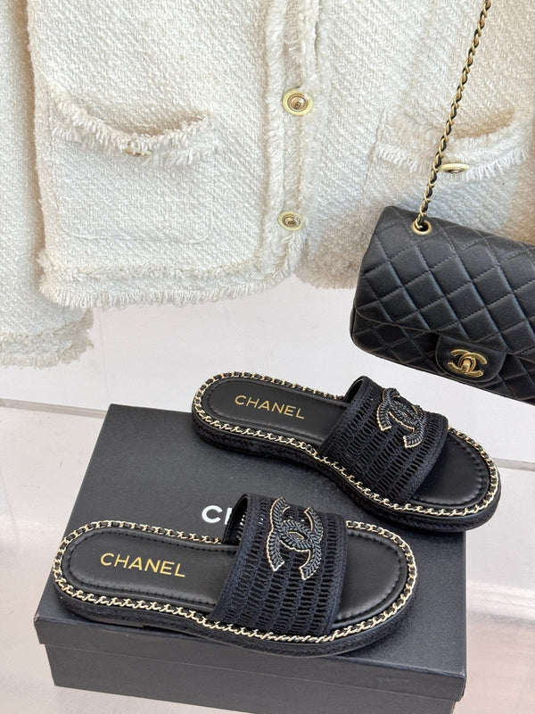 CC Mesh Hollow Chain Double C Thick-Soled Slippers 20mm Black 265647
