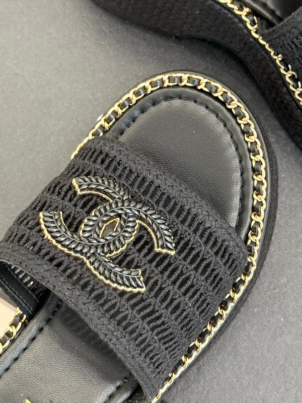 CC Mesh Hollow Chain Double C Thick-Soled Slippers 70mm Black 265651