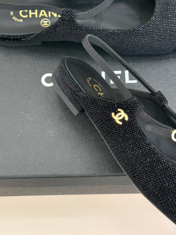 26C Two-tone Double C Flat Shoes Black Tweed 557690