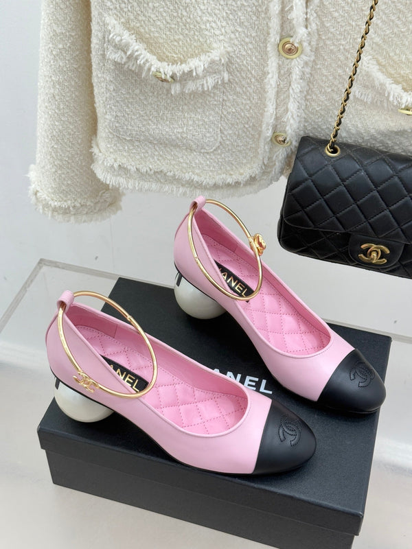 CC 26C Ribbon Camellia Mary Jane With Giant Pearl Black Pink Lambskin