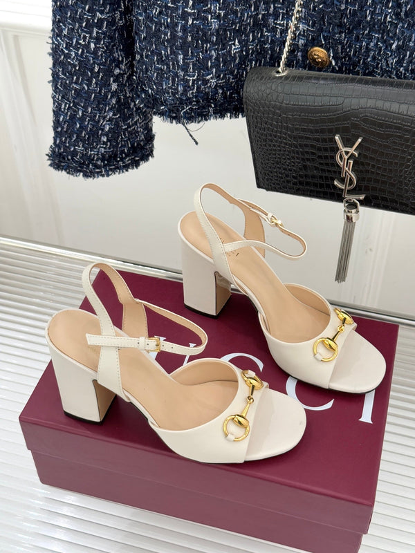 GG 26WF Chunky Heel Sandals 5cm Mystic White Sheepskin 632557