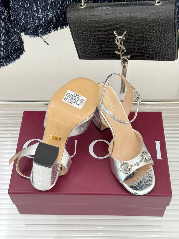 GG 26WF Chunky Heel Sandals 5cm Silver Metallic Sheepskin 632561