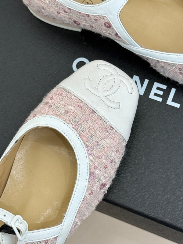 CC 26s Square-Toe Mary Jane Shoes Pink White Tweed Leather 920422