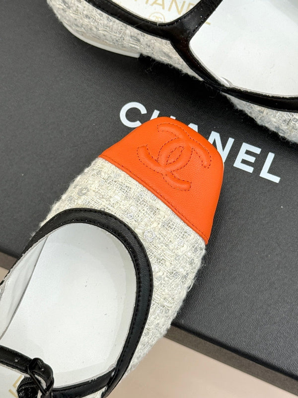CC 26s Square-Toe Mary Jane Shoes Orange White Tweed Leather 920424