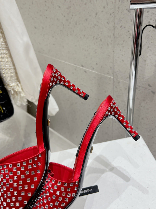 DC Rhinestone Mules 65mm Red Silk & Sheepskin 359515