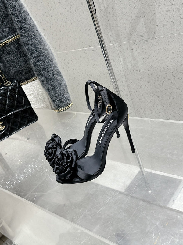DC Flower High Heel Sandals 105mm Black Satin & Sheepskin 359507