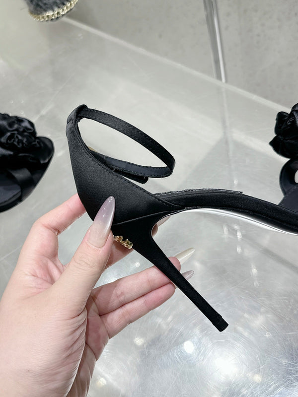 DC Flower High Heel Sandals 105mm Black Satin & Sheepskin 359507
