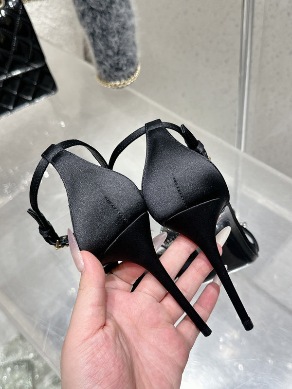 DC Rhinestone Bow Heel Sandals 105mm Black Satin & Sheepskin 359509