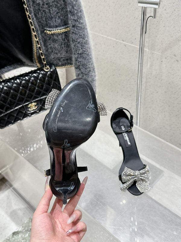 DC Rhinestone Bow Heel Sandals 105mm Black Satin & Sheepskin 359509