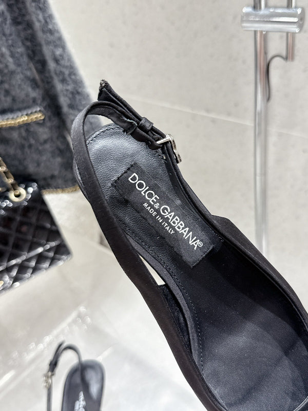 DC Bow Slingback Pumps 30mm Black Satin & Sheepskin 359511