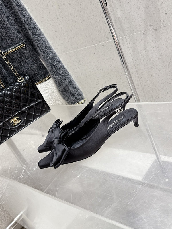 DC Bow Slingback Pumps 30mm Black Satin & Sheepskin 359511