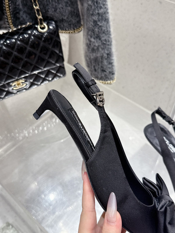 DC Bow Slingback Pumps 30mm Black Satin & Sheepskin 359511