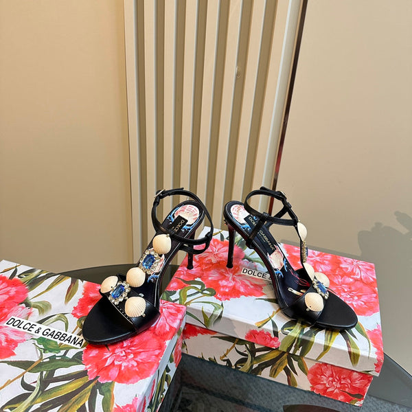 DC 24 Shell Rhinestone High Heel Sandals Black Cowhide & Sheepskin 946163