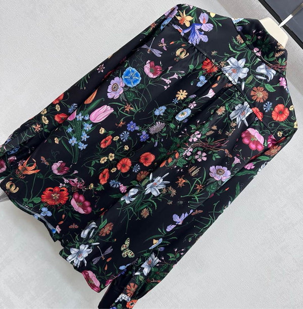 GG SS26 Flora Printed Collared Shirt Black Multicolor Silk 351779