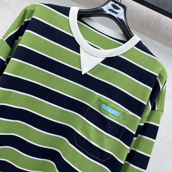 Prada Crew Neck Striped Block T-Shirt Blue Fern Green Cotton 350365