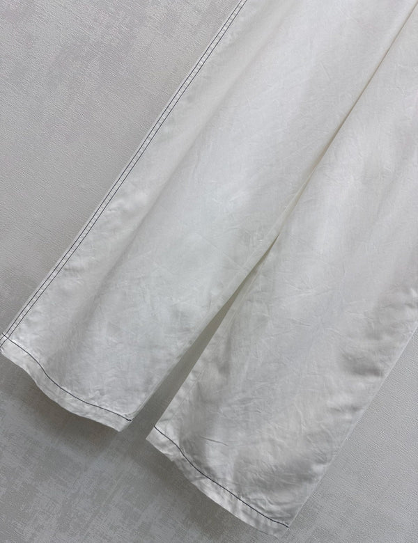 CC Drawstring Webbing Trousers White Cotton Tencel 350186