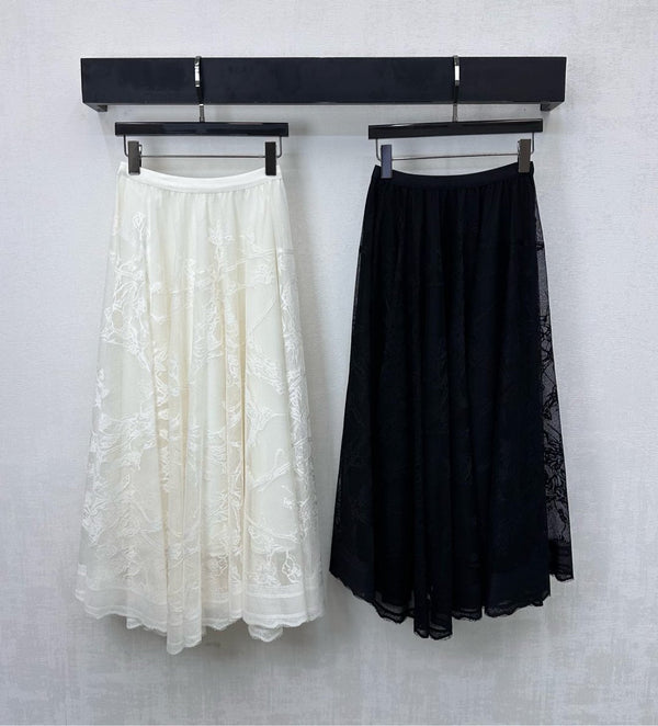 CD Lace Mesh Midi Skirt Ivory Polyester 350177