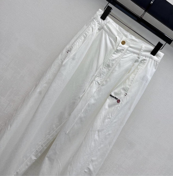 Miu Track Pants White Cotton Tencel Fabric 350246