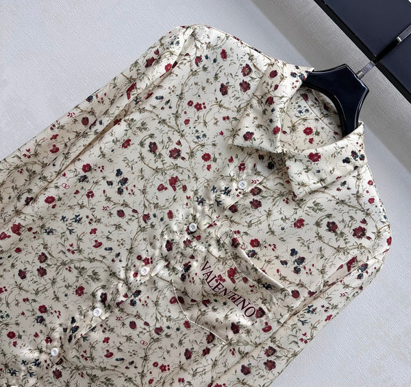 Valentino 26s Floral Print Shirt Ivory Silk 363990