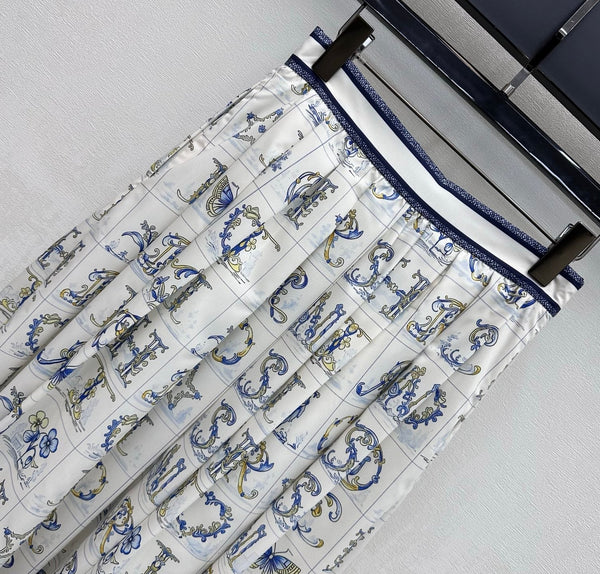 CD 26s Monogrammed Midi Skirt White Navy Blue Polyester Fiber