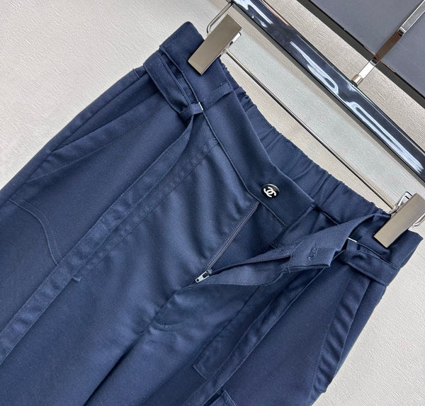 CC 26s Straight-Leg Trousers Navy Blue Linen Rayon Polyester 363902