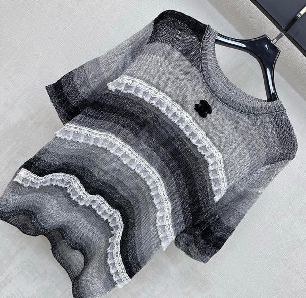 CC 26s Short-Sleeve Knit Top Black White Wool Polyester 378336