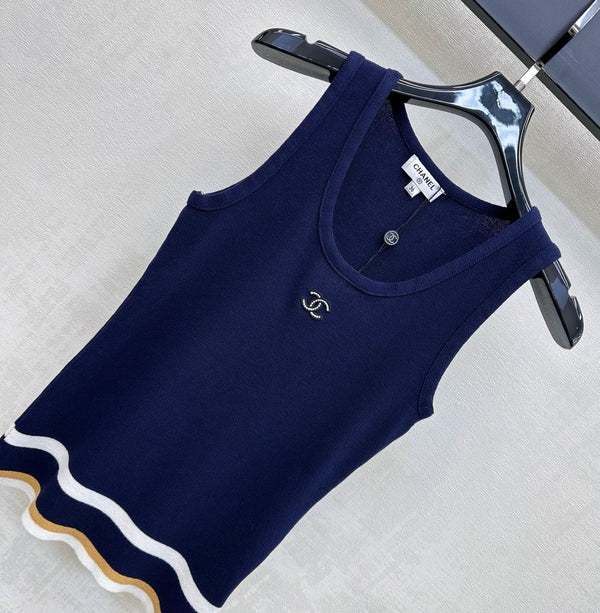 CC Striped Knit Vest Navy Blue Wool Nylon 378302