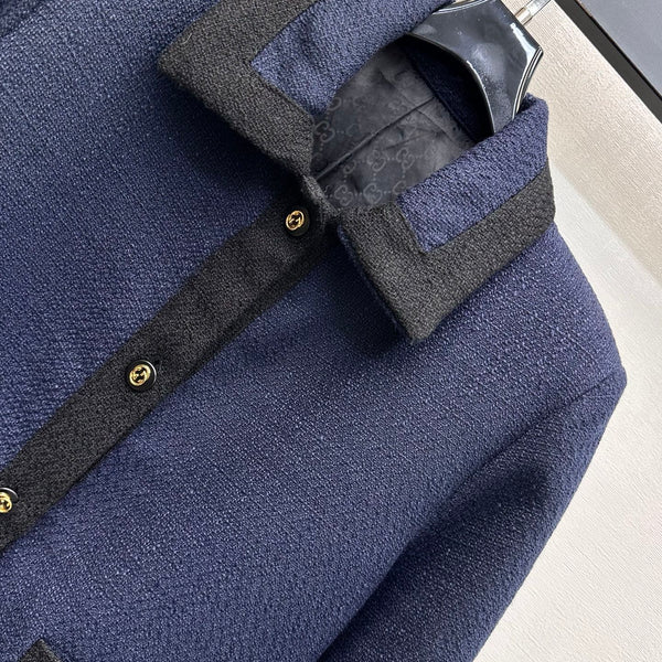 GG 26s Tweed Jacket Contrast Trim Gold Buttons Navy Blue Polyester Rayon 427681