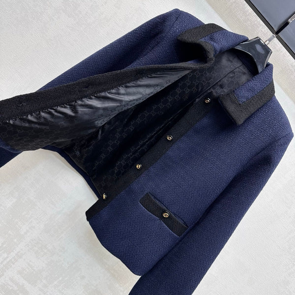 GG 26s Tweed Jacket Contrast Trim Gold Buttons Navy Blue Polyester Rayon 427681