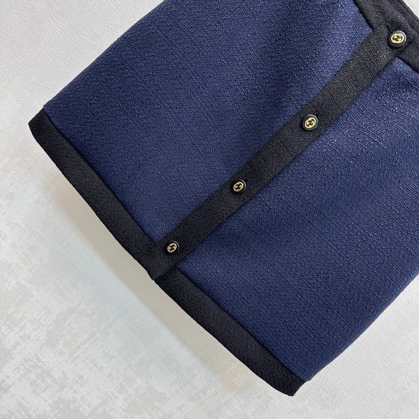 GC 26s Tweed Mini Skirt Contrast Trim Gold Buttons Navy Blue Polyester Rayon 427680