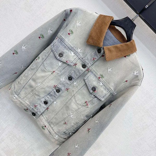 CD 26s Bird Floral Embroidered Denim Jacket Corduroy Collar Light Grey Cotton 427659